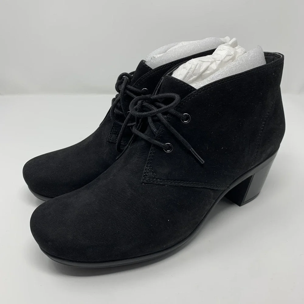 Abeo Boots Womens Size 7 Black‎ Suede Ankle Booties Comfort Lace Up Block Heel